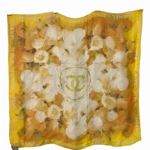 CHANEL Yellow & Cream 33" Rue Cambon Bold Floral Silk Scarf